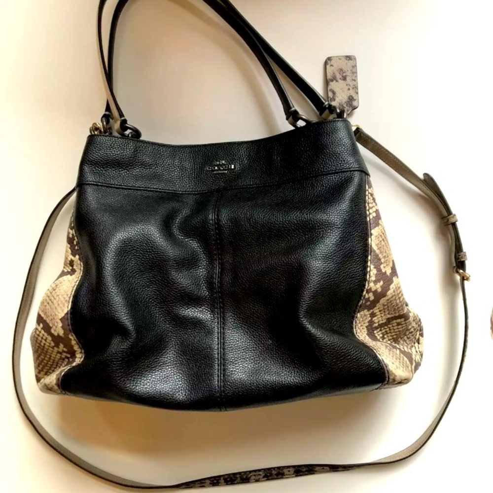 COACH Handbag Satchel Crossbody Black Pebble Leather Snakeskin Sides MINT